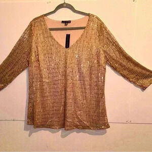 Sara Michelle Womens Sequin Tops 3/4 Sleeve Glitter Sparkly Party Blouse Size 2X